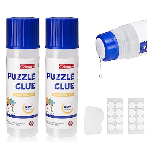 Celawork Puzzle Kleber für 1000/1500/3000 Stücke Puzzles, ungiftiger PVA transparenter Puzzlekleber, Schnelltrocknend, mit Punktkleber, praktisches Zubehör zum Aufhängen von Puzzles (120 ML×2)