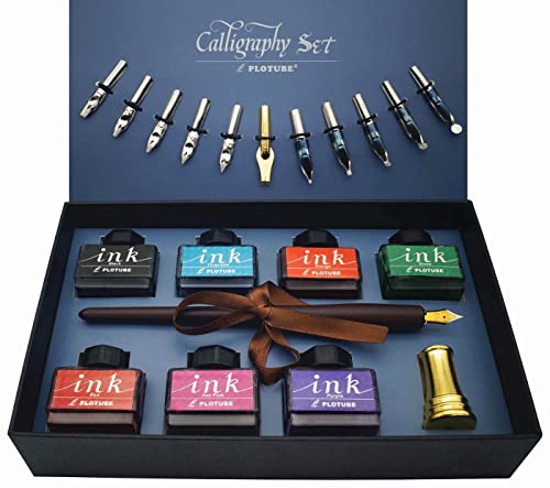 IDEAPOOL Kalligraphie Set, Stift Set Schreibfeder Set 22-teilig – Enthält 7 Flaschen Inks, 12 Federn, schreibfeder Holzstift, einen goldenen Stifthalter und Einführung für Anfänger