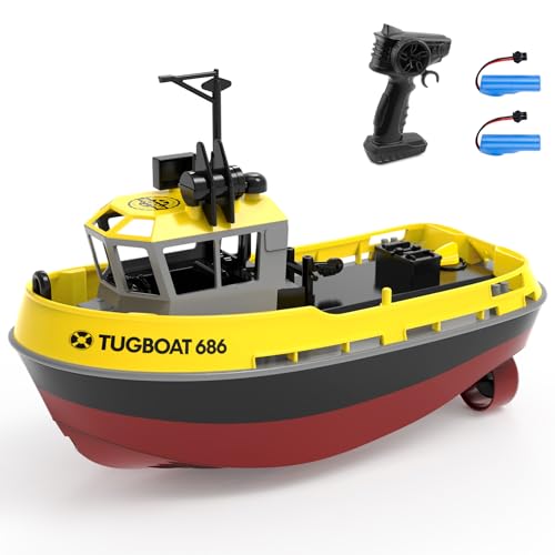 tech rc 1:72 Ferngesteuretes Boot mit 2 Akku(3.7V 600mAh), 2.4Ghz Rc Boot 10km/h 40Mins Laufzeit, Tugboat mit dekorativen Teilen für Kinder für Schwimmbäder und Seen