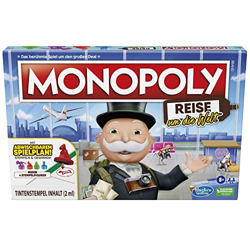 Hasbro Monopoly Reise um die Welt, Brettspiel für Kinder und Erwachsene, perfekt zum Mitnehmen und die Welt kennenlernen, mit dem bekannten Mr. Monopoly, ab 8 Jahre geeignet