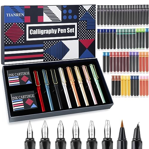 TIANREN Kalligraphie-Stift-Set, Füllfederhalter mit 8 verschiedenen austauschbaren Federn mit 60 Tintenpatronen (12 Farben), Kalligraphie-Set für Anfänger Schreiben Zeichnen.