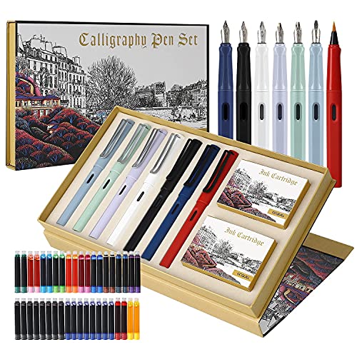 GC QUILL Kalligraphie Stifte Set, 7 Kalligraphie Füllfederhalter mit verschiedenen Federn und 40 Tintenpatronen, für Anfänger, Schriftzug - MU-09